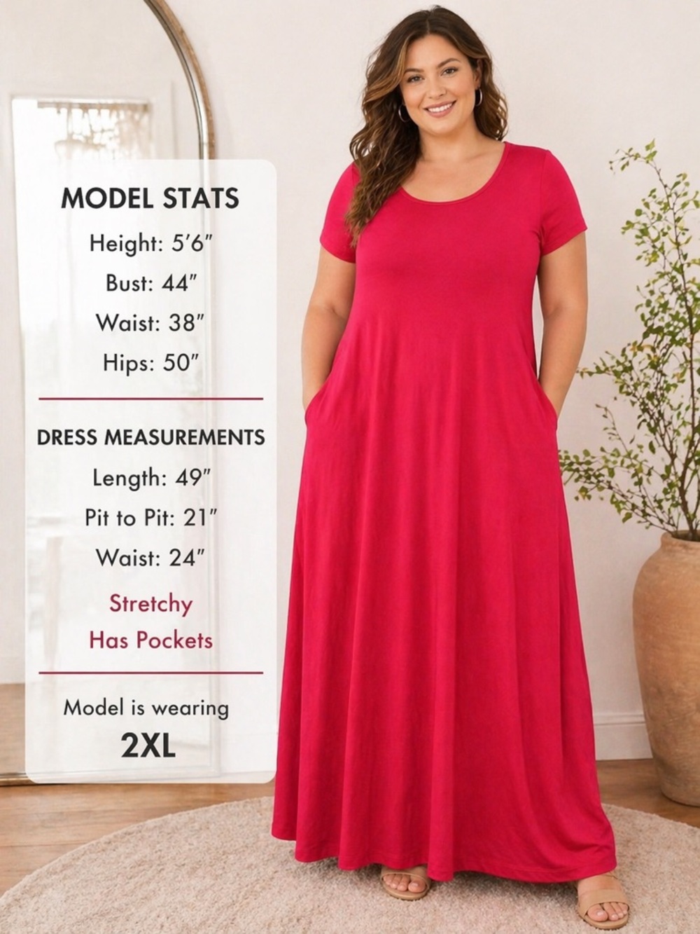 Red Maxi Dress 2XL | Stretchy Casual Lounge Dress w/ Pockets